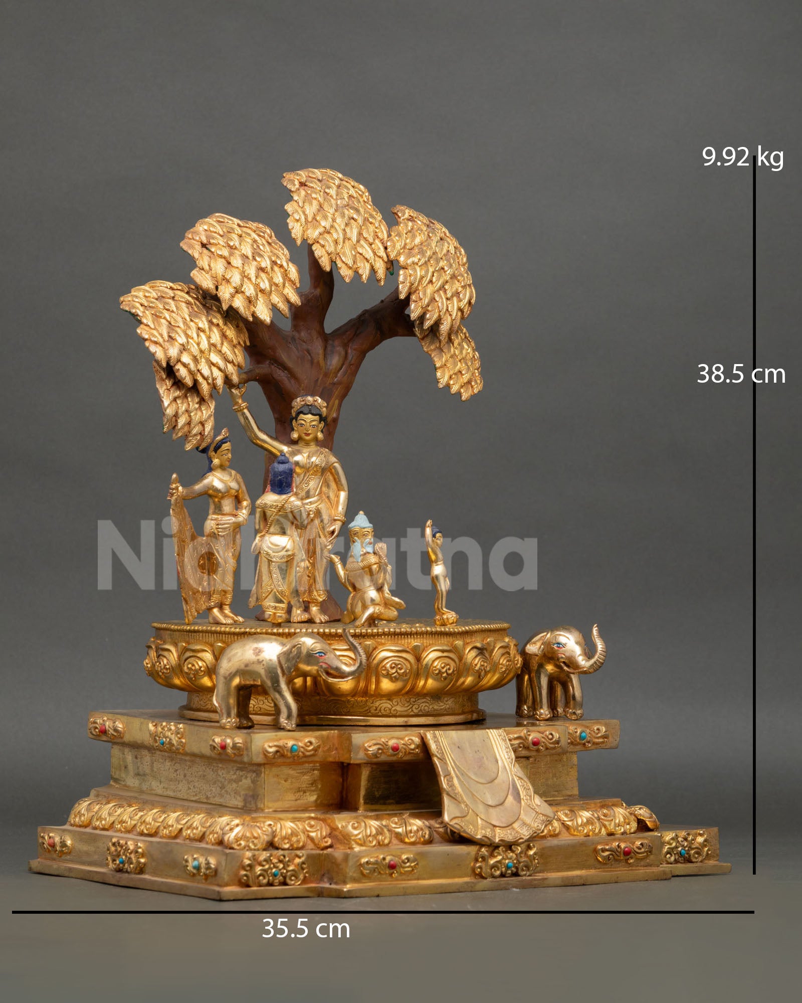 Gautama Buddha taking first steps beneath sacred tree with Maya Devi and lotus base