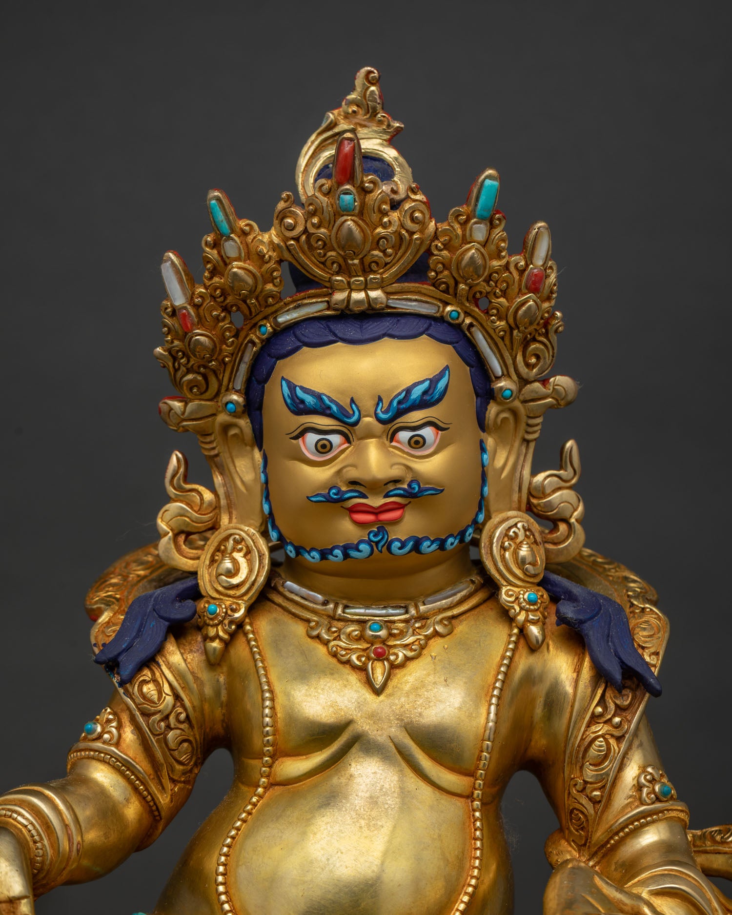 Genuine Handmade Dzambhala Statue 24K Gold Close Up on Jeweled Throne