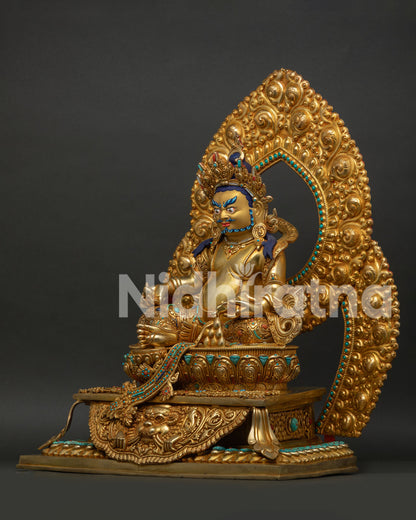 Genuine Handmade Dzambhala Statue Left Side View with Ornate Throne Details