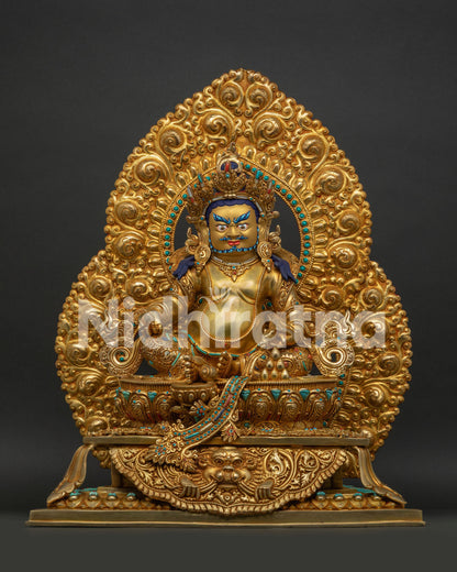 Genuine Handmade Dzambhala Statue on Jeweled Throne Front View from Nepal
