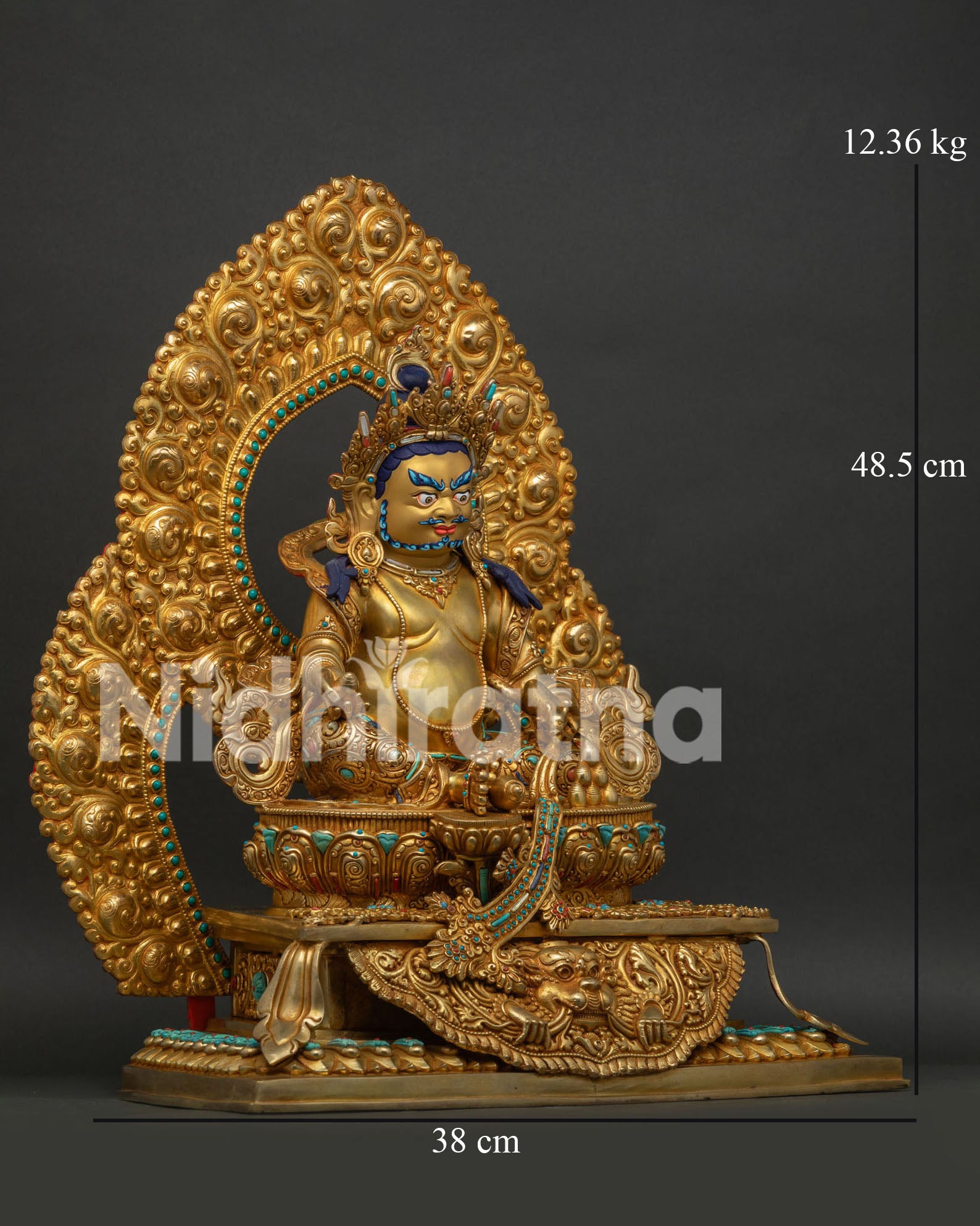 Genuine Handmade Dzambhala Statue Right Side View on Jeweled Lion Throne
