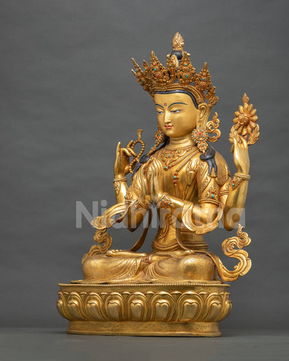 Gold Bodhisattva Chenrezig statue seated on sculpted lotus pedestal, angled left profile view