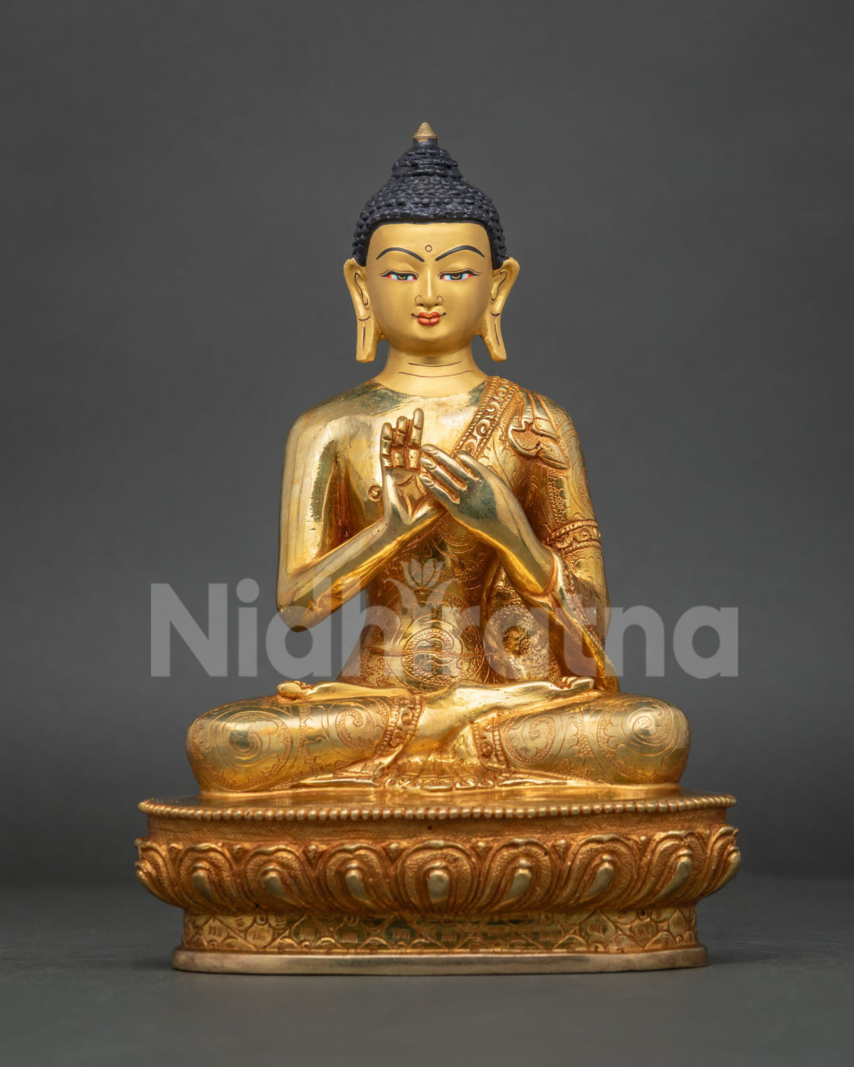 Gold Buddha statue in Dharmachakra mudra, 24K fire-gilded copper, Himalayan Dhyani Buddha figurine