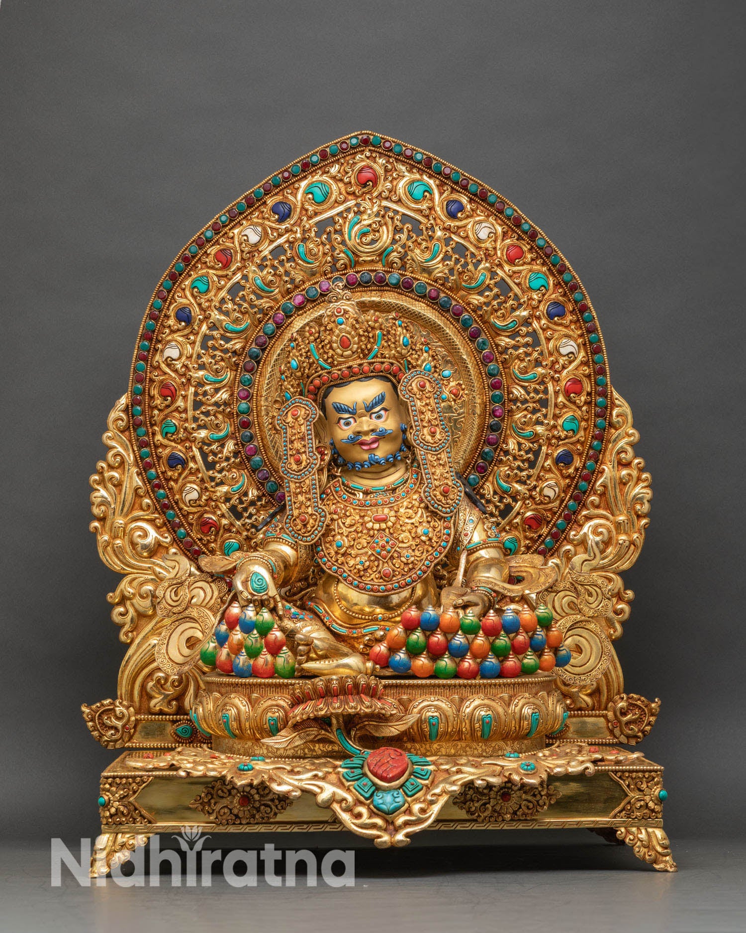 Gold Crowned Dzambhala Throne Statue 25" Nepal Handcrafted Gilded Copper Full View