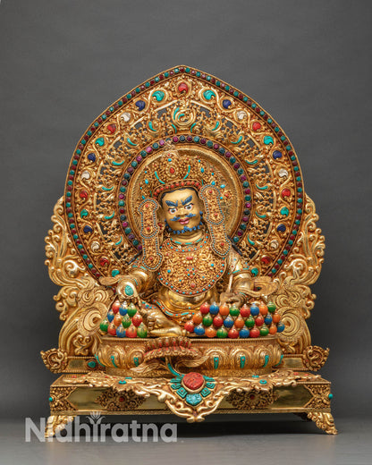 Gold Crowned Dzambhala Throne Statue 25" Nepal Handcrafted Gilded Copper Full View