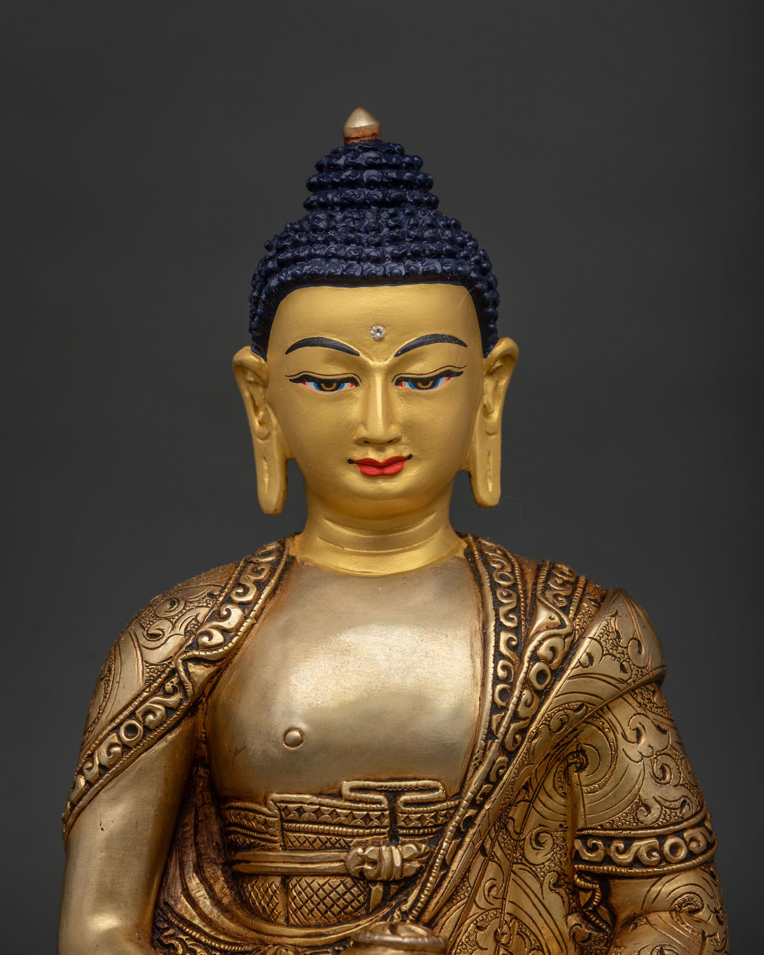 Gold fire gilded Amitabha Buddha statue with hand carved lotus pedestal from Nepal.