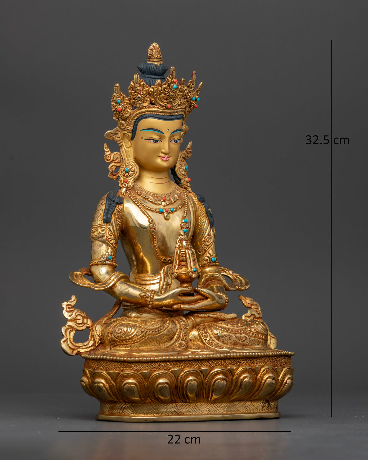 Gold fire-gilded Amitayus Buddha holding a sacred longevity vase in Dhyana Mudra.