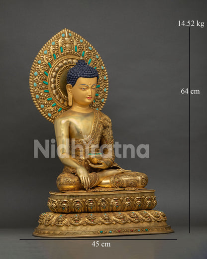 Gold Fire-gilded Buddha statue side view, seated meditation posture, turquoise accents