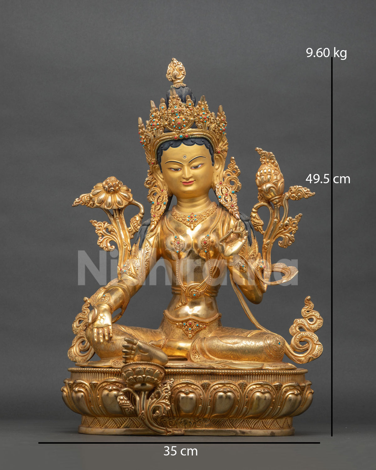 Gold fire-gilded copper Green Tara statue seated on lotus throne, front view, handcrafted in Nepal