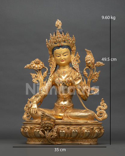 Gold fire-gilded copper Green Tara statue seated on lotus throne, front view, handcrafted in Nepal