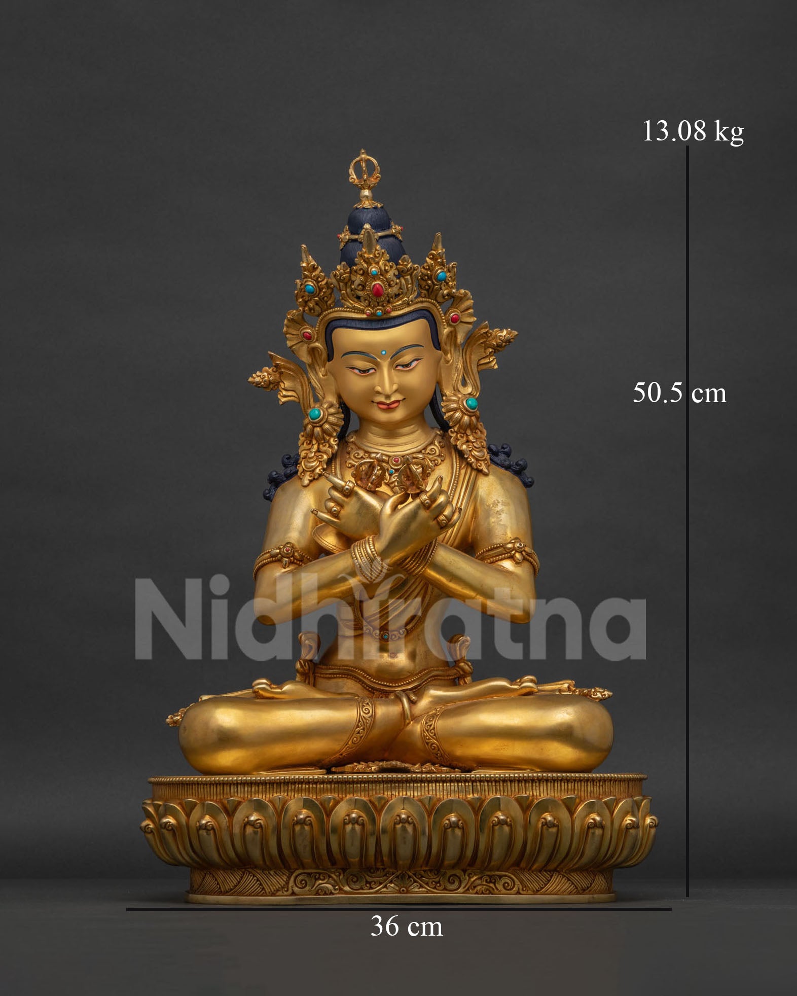 Gold fire-gilded copper Vajradhara statue with jeweled crown, seated in serene meditation