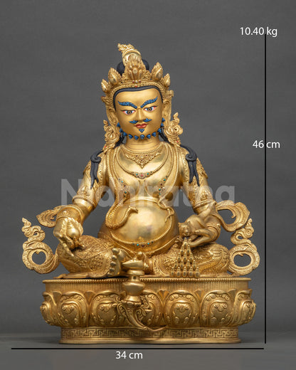 Gold fire-gilded Dzambhala copper statue, front view, hand-carved wealth deity from Nepal