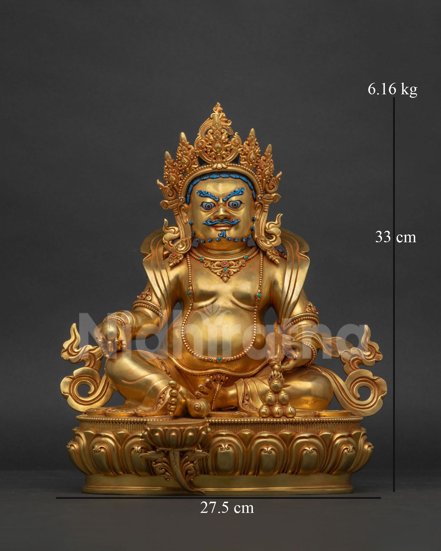 Gold fire-gilded Dzambhala statue seated on a lotus pedestal, front view