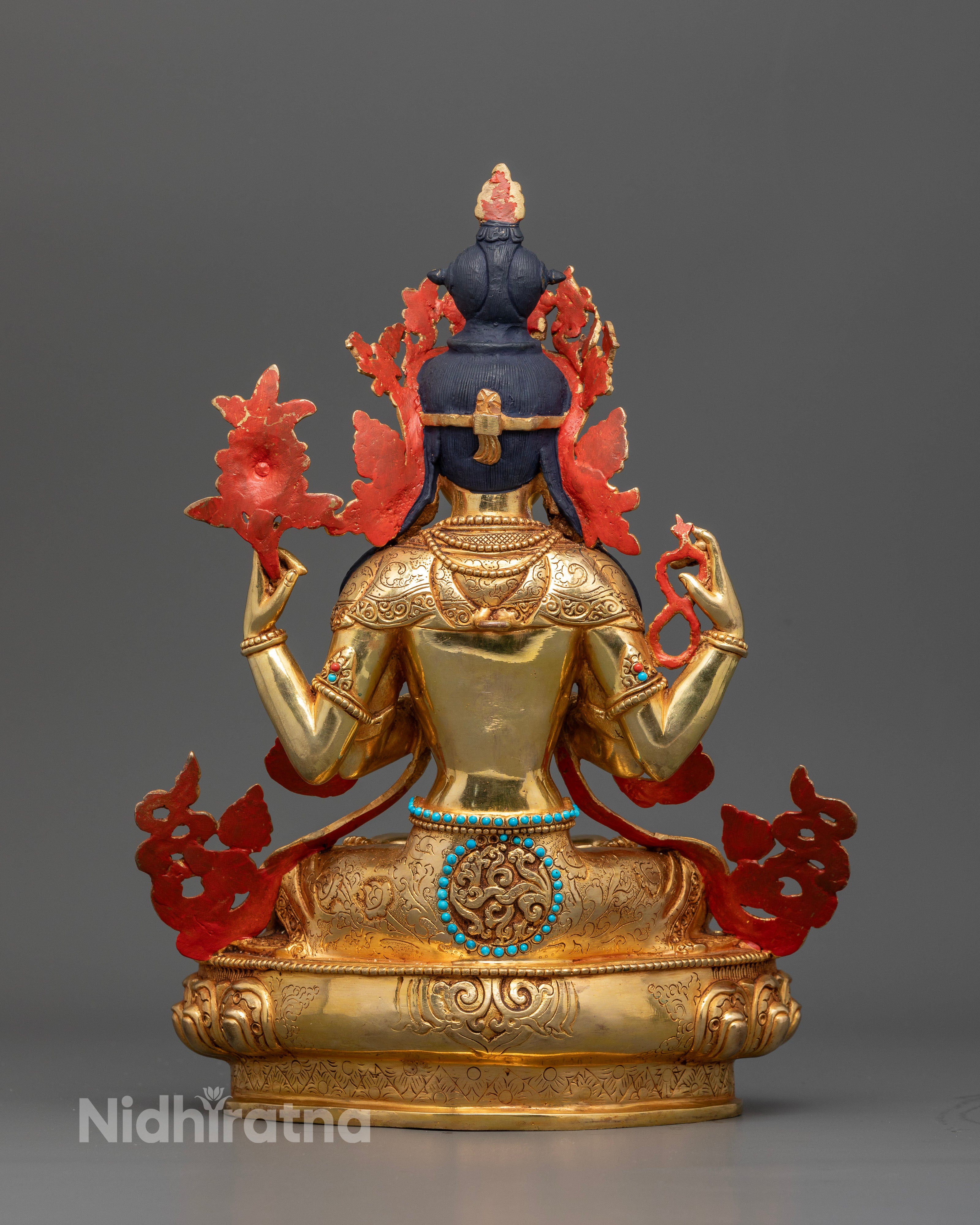 Gold Fire-Gilded Four-Armed Chenrezig Statue by Newari Artisans.