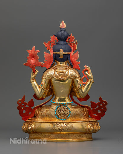 Gold Fire-Gilded Four-Armed Chenrezig Statue by Newari Artisans.