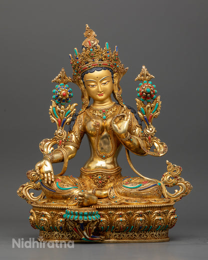 Gold-fire gilded Green Tara statue handcrafted by Newari artisans in Patan Nepal.