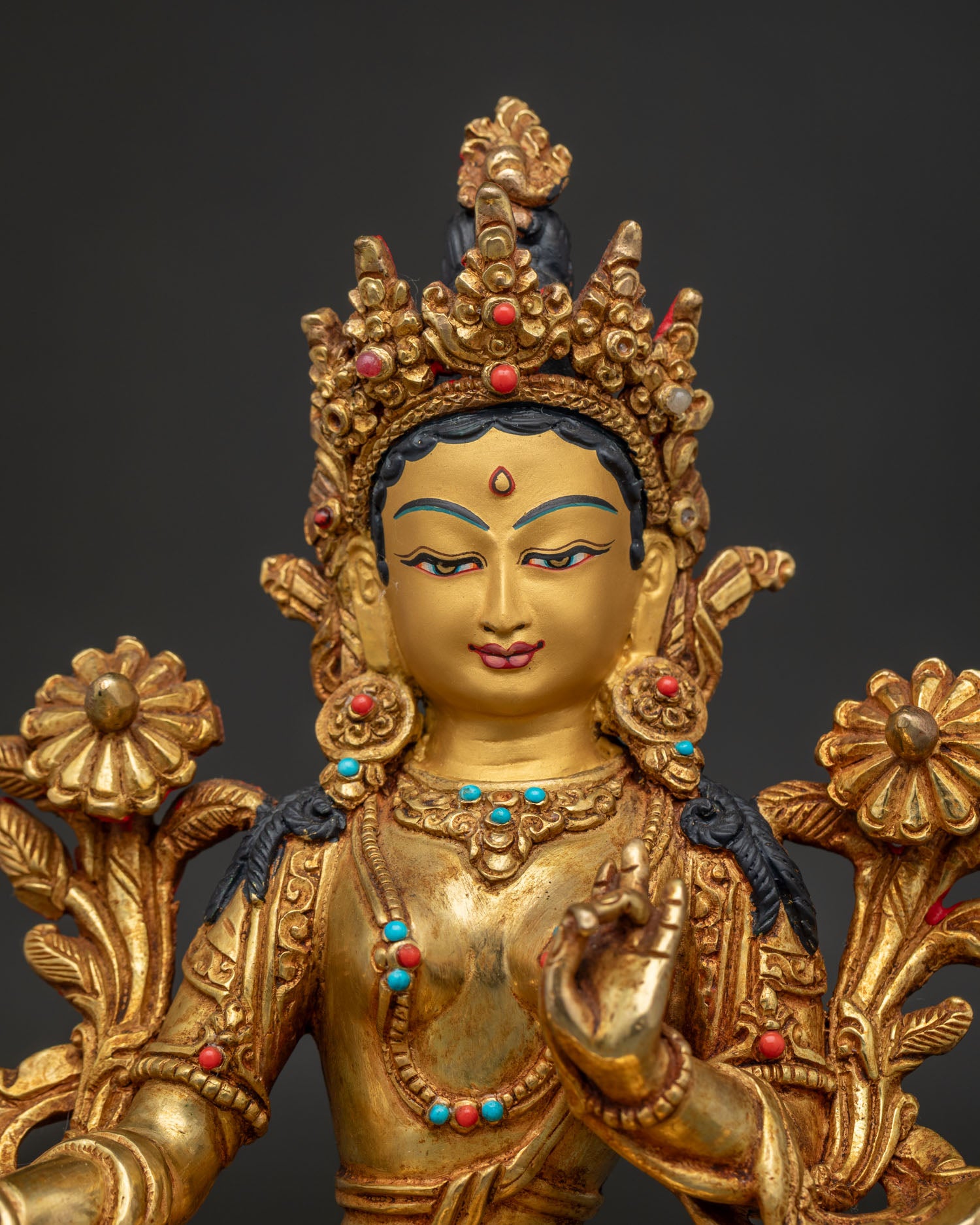 Gold fire gilded Green Tara statue with 24K gold painted face and stones.