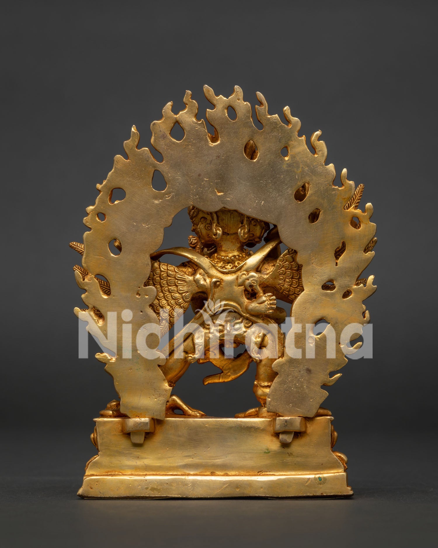 Gold Fire Gilded Hayagriva Statue with Consort and Blazing Halo.