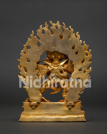 Gold Fire Gilded Hayagriva Statue with Consort and Blazing Halo.