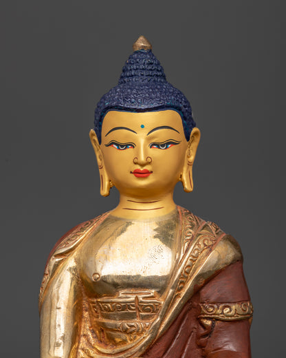 Gold fire gilded shakyamuni buddha statue with 24k gold face.