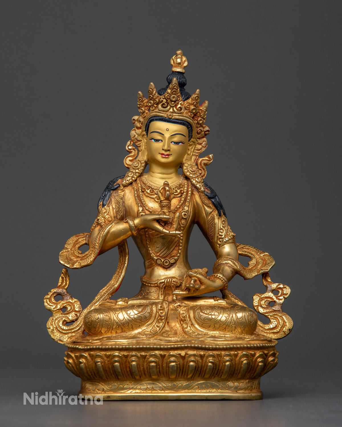 Gold fire gilded Vajrasattva Statue holding five pronged vajra and ritual bell.