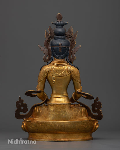 Gold-gilded Amitayus Buddha sculpture featuring intricate floral carvings and traditional lost-wax casting craftsmanship