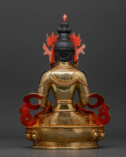 Gold gilded Amitayus statue longevity deity copper Newari craftsmanship.
