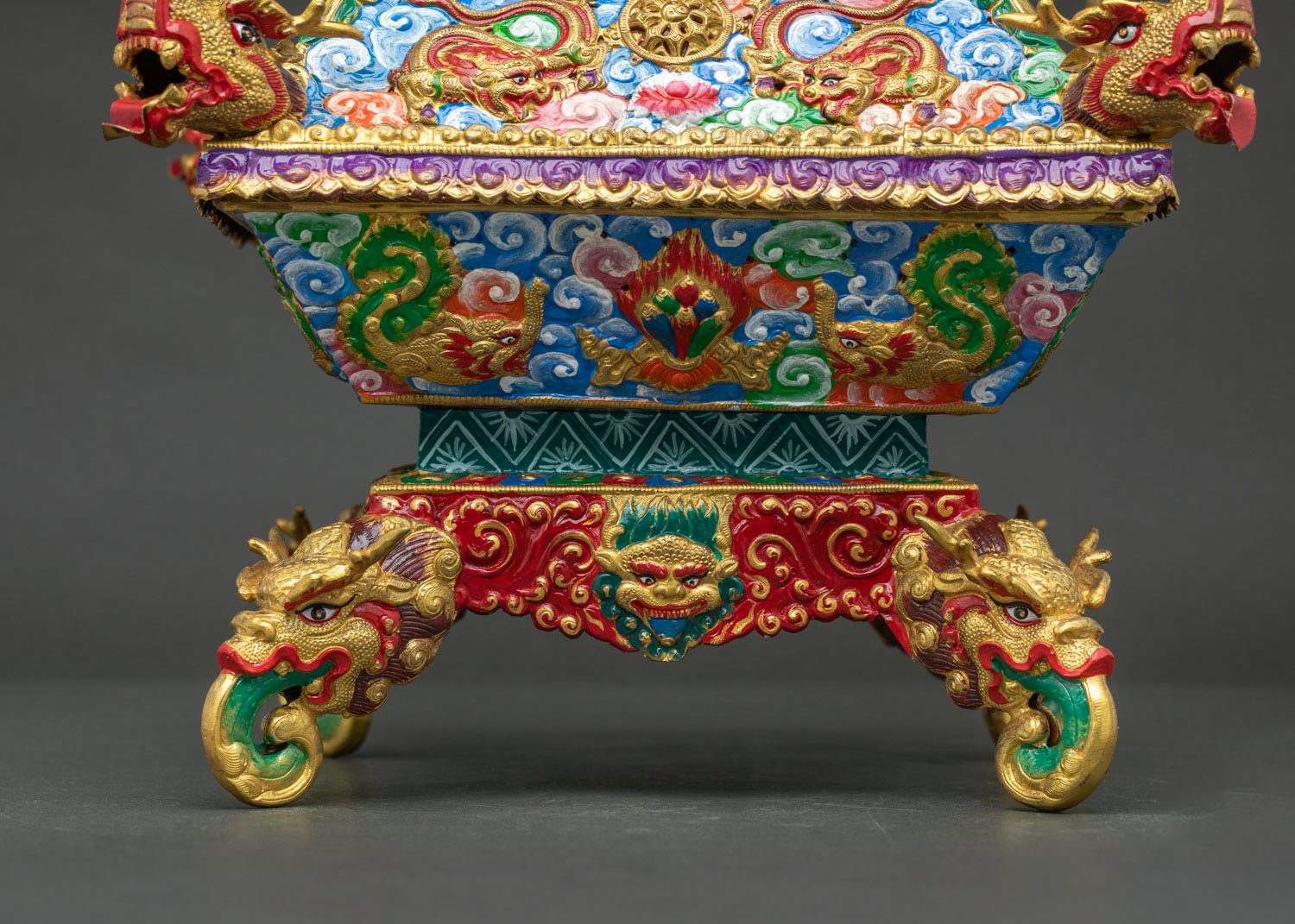 Gold gilded Buddhist incense burner with mythical creatures for altar and meditation decor