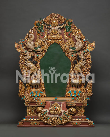 Gold gilded Buddhist throne with Garuda and sacred deity engravings from Nepal