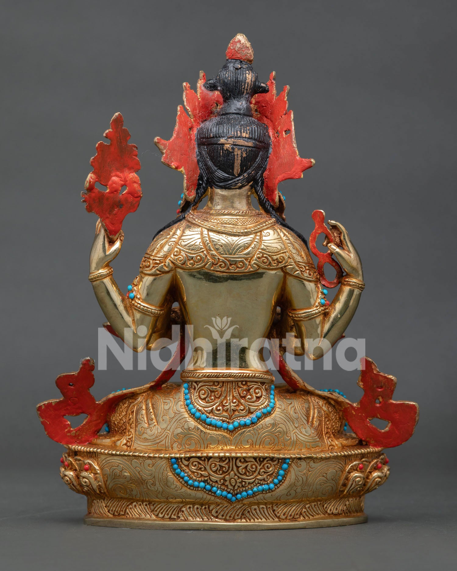 Gold-gilded Chenrezig Buddhist sculpture crafted using the lost-wax casting method.