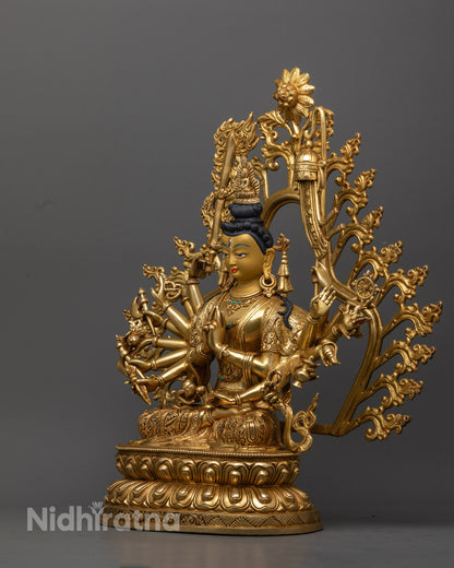 Gold gilded Chundi Buddhist statue with radiant face and detailed ornaments
