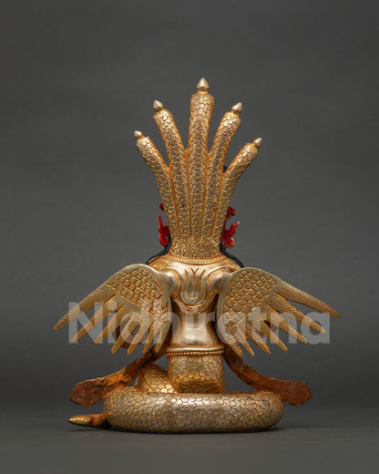 Gold gilded copper Naga Kanya statue for Buddhist altar and sacred spaces.