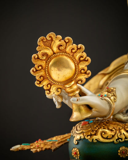 Gold-gilded Dharma Wheel detail on Dukar Sitatapatra statue — Nepalese Buddhist sculpture