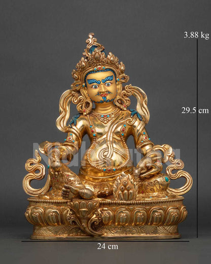 Gold gilded Dzambhala statue on hand carved lotus pedestal for altar.