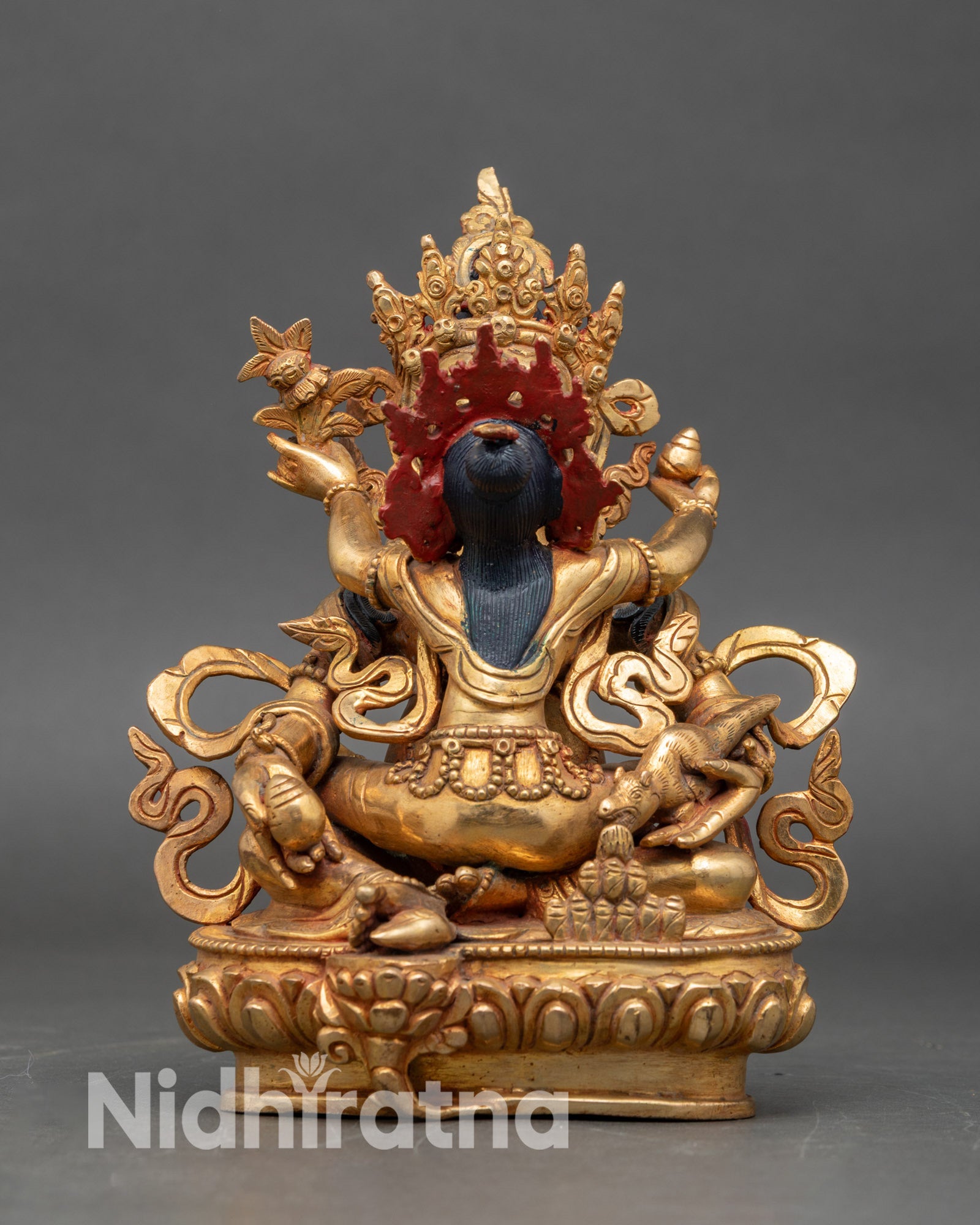 Front view of Dzambhala with Consort statue gold gilded copper handmade Himalayan Buddhist sculpture