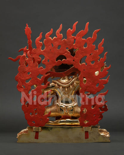 Gold gilded Four-Armed Mahakala Buddhist protector statue by Newari artisans.