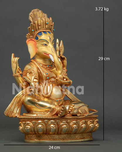 Gold gilded Ganesh statue with elephant head, four arms and lotus throne design