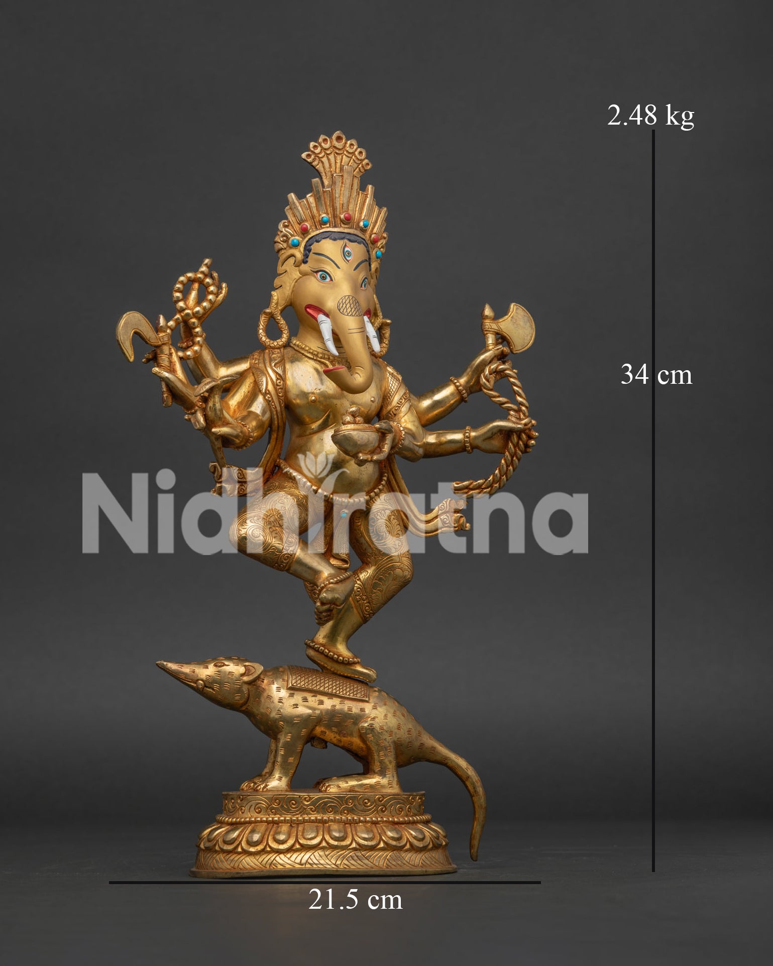 Gold Gilded Ganesha Statue Dancing with One Leg Raised on Mushak