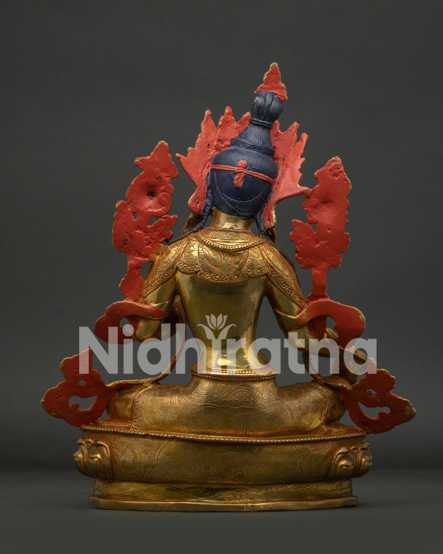 Gold gilded Green Tara copper statue with semi precious stones for Buddhist altar