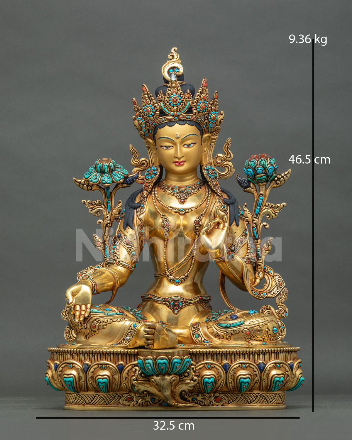 Gold gilded Green Tara statue from Nepal, front view with turquoise and coral inlaid crown