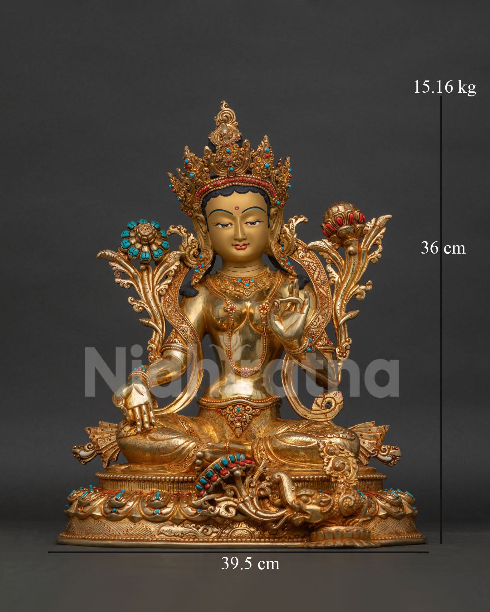 Gold-gilded Green Tara statue, front view, handcrafted copper Tibetan Buddhist altar decor