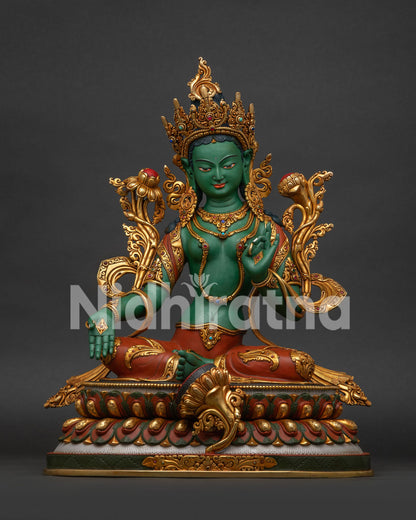 Gold-gilded Green Tara statue hand-painted in Nepal, front full view