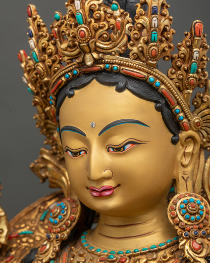 Gold gilded Green Tara statue with gold painted face, handcrafted Newari Buddhist art
