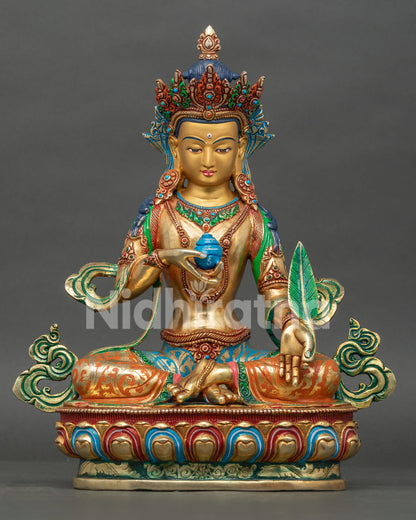 Gold gilded Kshitigarbha Bodhisattva sculpture with intricate Buddhist artisan details
