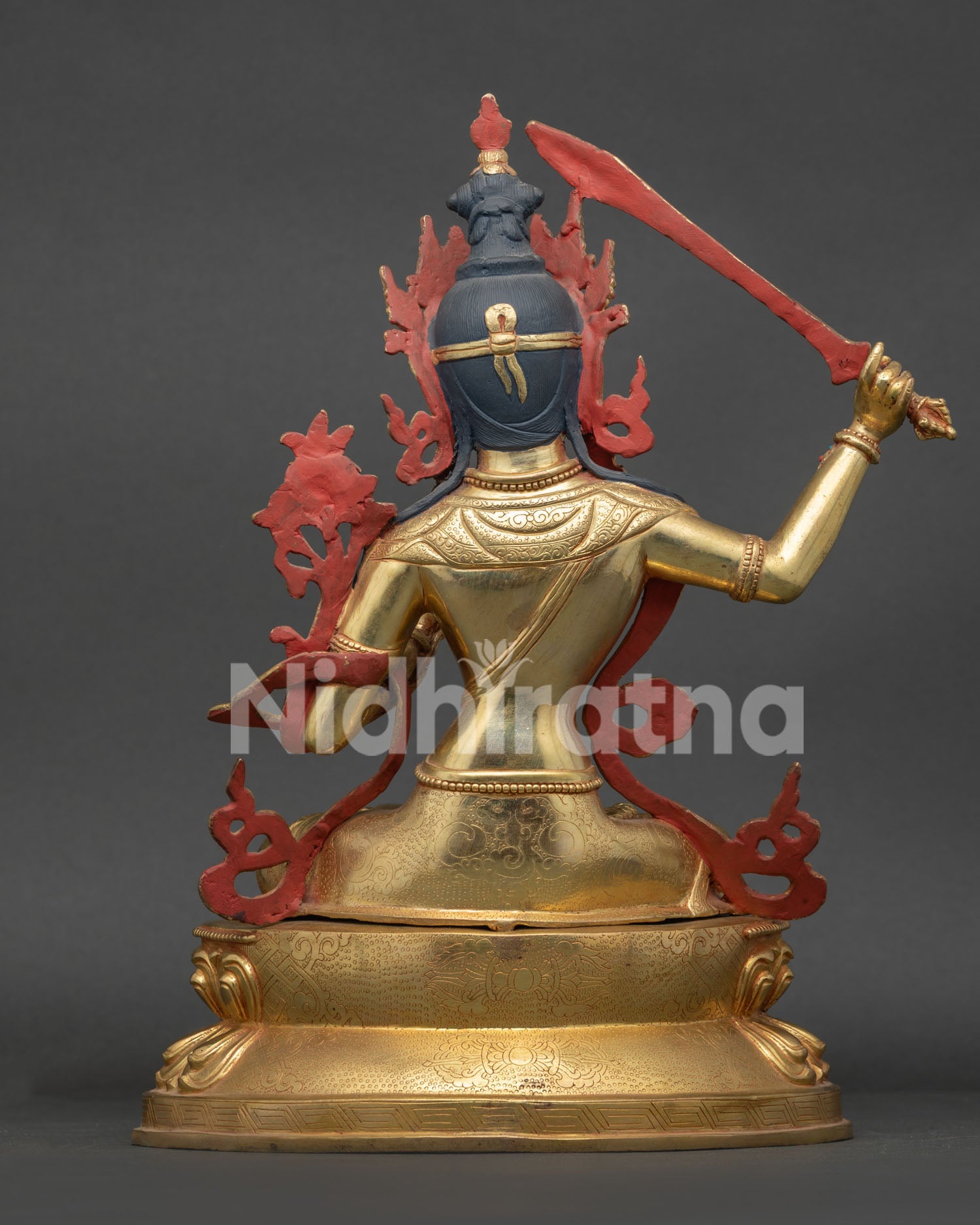 Gold gilded Manjushri Statue with Newari craftsmanship and wisdom symbolism.