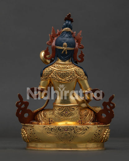 Gold gilded Saraswati Statue with Newari craftsmanship and ornate jewelry.
