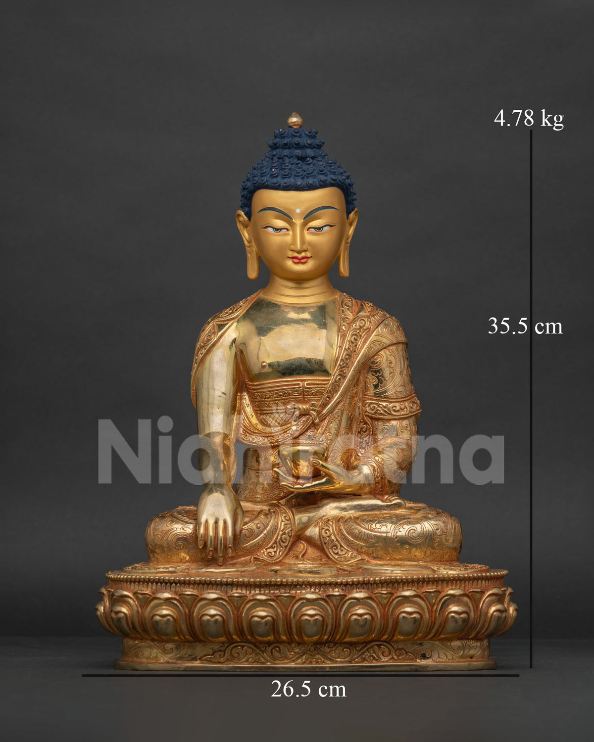 Gold Gilded Shakyamuni Buddha Statue Front View Copper Nepal Handmade Art