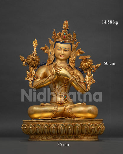 Gold gilded Tikshna Manjushri statue seated cross-legged, hands in Dharmachakra mudra