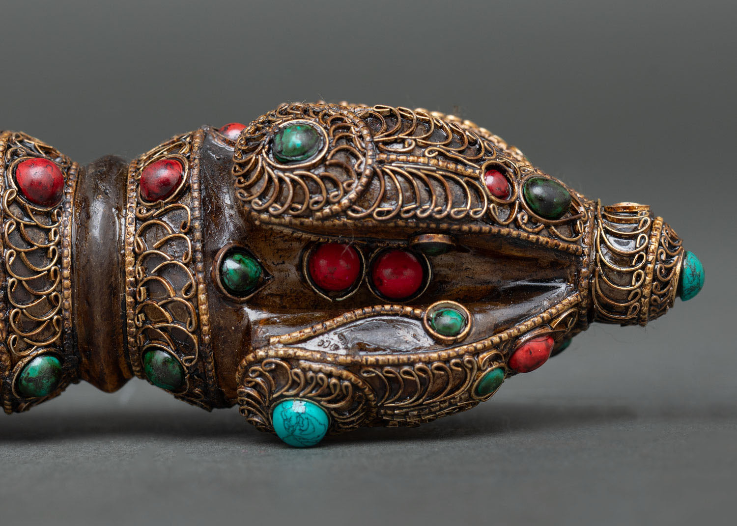 Gold Gilded Vajra Dorje with Semi Precious Stones Close Up