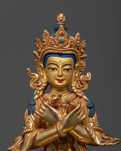 Gold-gilded Vajradhara Statue featuring a gold-painted face and intricate traditional Buddhist ornamentation